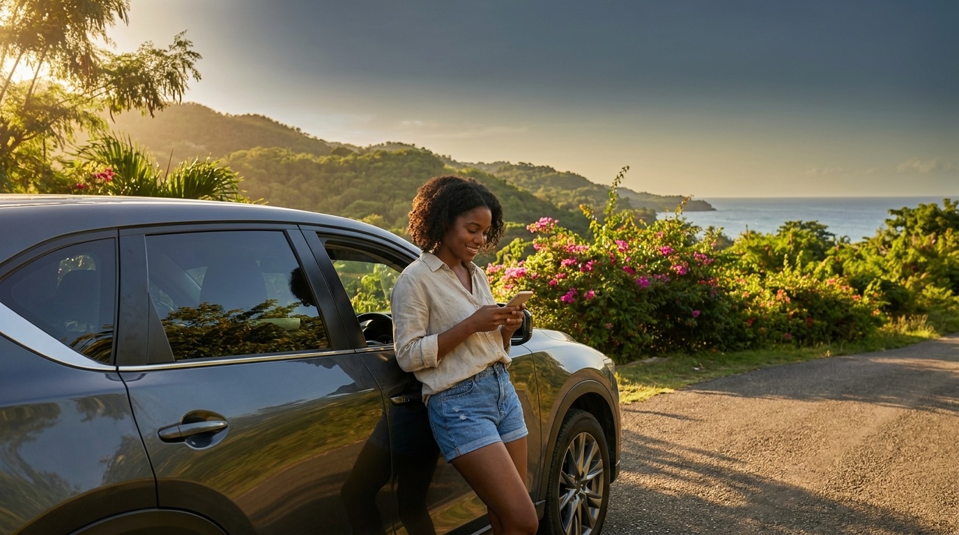 A Jamaican driver beside her car, documents in order